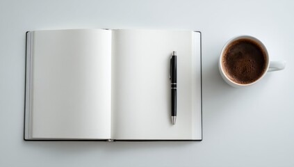 Open Notebook With Pen and Coffee Cup on White Desk, Representing Creativity and Morning Routine for Productivity and Brainstorming : Generative AI