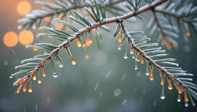 A close-up of dark green pine needles covered in sparkling water droplets, showcasing the freshness of a forest after rain. Demonstrates nature's renewal.