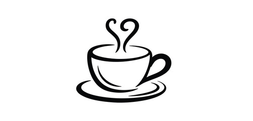 Simple Line Art Coffee Cup with Steam on Saucer