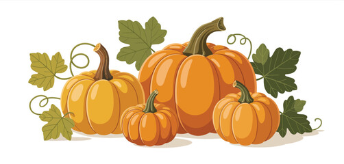 Autumn Harvest Three Pumpkins with Green Leaves