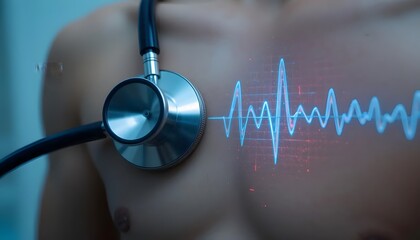 Stethoscope on bare chest with digital heartbeat graphic overlay, medical examination