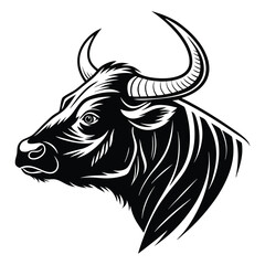Bold stylized buffalo head shows robust form with intricate black and white line work