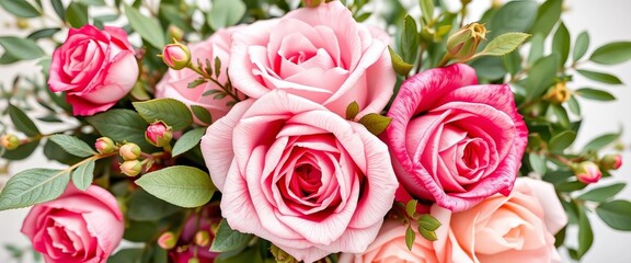 Naklejka premium Delicate watercolor roses & lush greenery in a soft, romantic bouquet, elegant, floral design