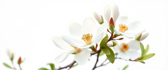 Obraz premium Delicate white magnolia blossoms, soft petals, pure white background, beauty, still life