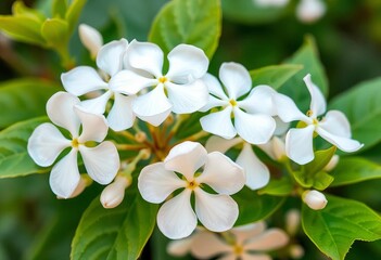 Fototapeta premium Delicate white flower blossoms with vibrant green leaves, painted in soft watercolor washes, tranquility, bright
