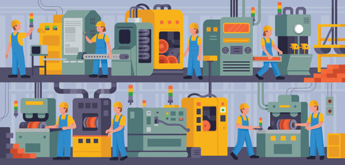 Industrial Factory Workers Operating Modern Machinery