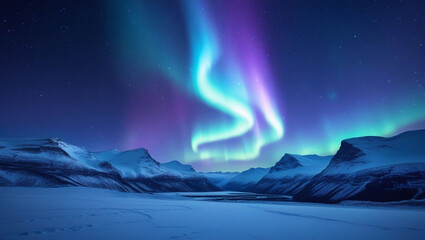 Naklejka premium A vibrant aurora borealis dances above snowy mountains under a starry night sky landscape scene