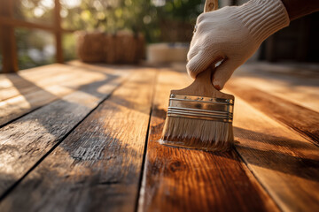 Applying protective coat with brush on wooden deck. Home improvement and preservation of outdoor space.