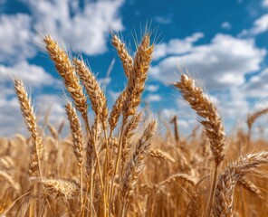 Fototapeta premium Golden Wheat Field Under Blue Sky, Representing Agriculture and Sustainable Farming Practices for Food Security and Environmental Stewardship : Generative AI