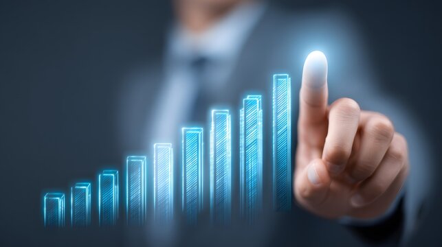 Businessman interacting with a glowing upward trend graph