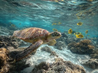 Fototapeta premium Sea Turtle Swimming Underwater With Yellow Fish, Representing Marine Conservation and Ocean Exploration for Travel and Tourism : Generative AI