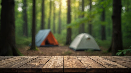 Wood table in front and Blurred camping and tents in forest.