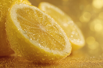 Bright yellow lemons glistening with water droplets on a sparkling surface, citrus freshness in golden light.