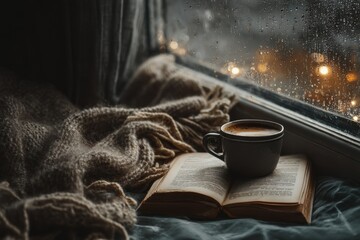 Cozy Coffee Cup and Open Book on Window Sill During Rain, Symbolizing Comfort and Relaxation for Mental Wellness and Personal Growth : Generative AI