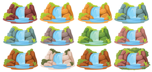 Twelve Cartoon Waterfalls Set for Nature Designs