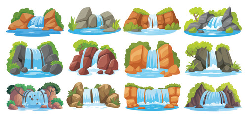 Naklejka premium Twelve Cartoon Waterfalls Set Illustrations