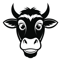 A stylized, black and white illustration shows a smiling cow face with visible horns