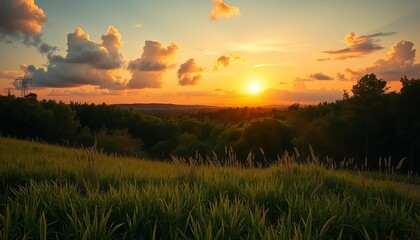 Fototapeta premium Golden sunset paints vibrant green grass and lush forest, fluffy clouds drift above, environment, color
