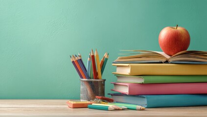 Stack of Colorful Books With Apple and Pencils, Symbolizing Education and Academic Achievement, Suitable for Back-to-School and Educational Content : Generative AI