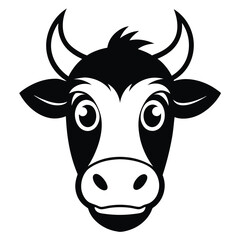 Black and white line drawing reveals a cute cow face with rounded horns