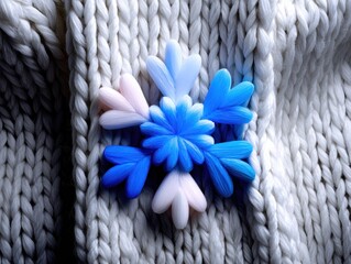 Knitted fabric background with snowflake-shaped brooch