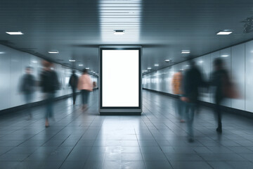 Blank advertising billboard stands stationary amidst blurred figures in an underground walkway or subway.