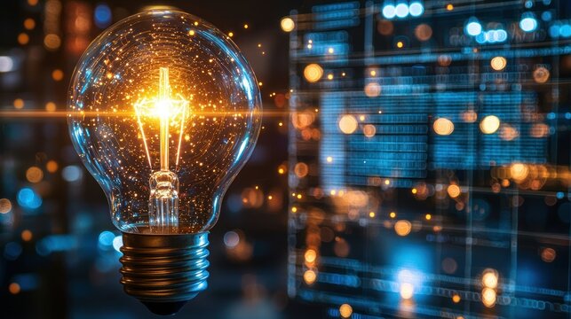 Illuminated lightbulb, glowing brightly, against a backdrop of digital code and city lights - Powered by Adobe