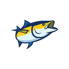  cartoon style tuna fish with blue fins icon logo