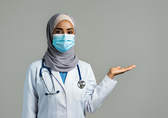 arab hijab female doctor with mask presenting, copy space,  covid 19 virus