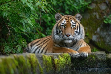 Fototapeta premium Bengal Tiger Resting Near Water Amongst Lush Greenery, Symbolizing Wildlife Conservation and Environmental Awareness : Generative AI