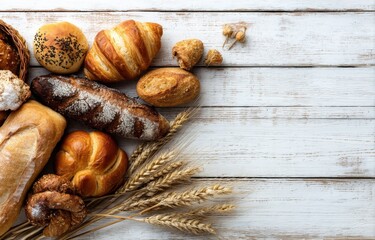 Fresh Bread and Pastries on White Wooden Table, Showcasing Culinary Delights and Bakery Business, Ideal for Food Bloggers and Restaurant Marketing : Generative AI