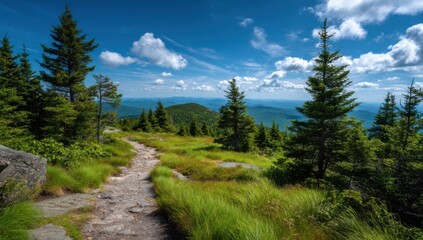 Scenic Mountain Trail Through Green Forest on Sunny Day, Showcasing Outdoor Adventure and Environmental Awareness for Travel and Tourism Campaigns : Generative AI
