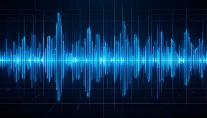 Electric Blue Audio Waveform on Dark Grid Background, Data Visualization