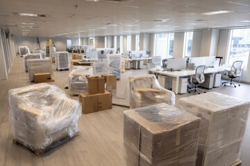 Office Relocation With Furniture Wrapped in Plastic, Illustrating Corporate Change and Business Transition, Ready for a Fresh Start : Generative AI