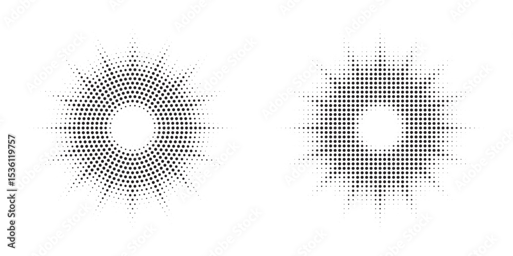 Poster Halftone circle frame background set. Round border Icon using halftone random circle. Grunge circular stain. Vector illustration.	