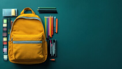Yellow Backpack and School Supplies on Green Background, Representing Education, Learning, and Back to School Campaign : Generative AI