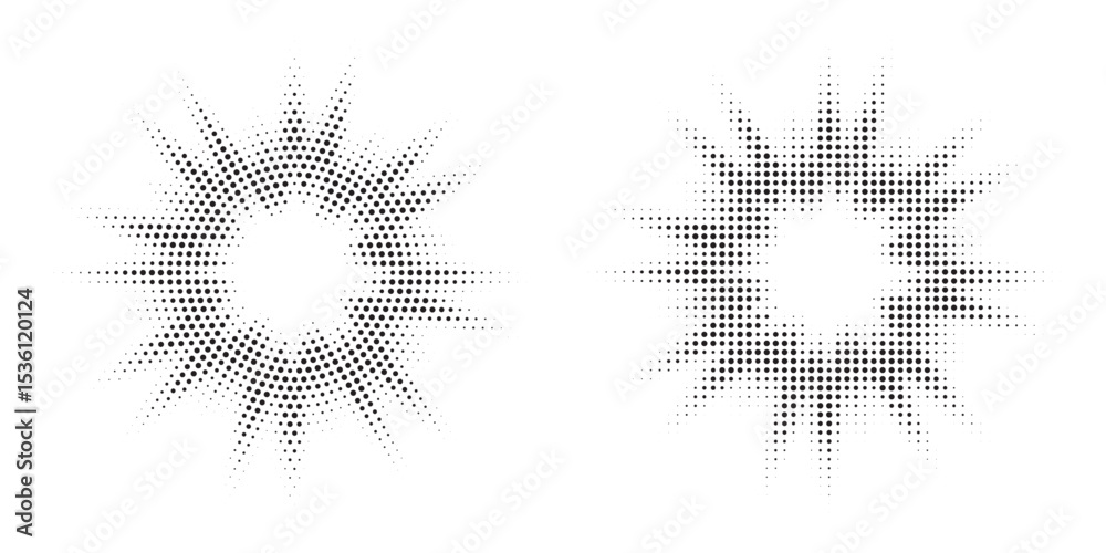 Poster Halftone circle frame background set. Round border Icon using halftone random circle. Grunge circular stain. Vector illustration.	