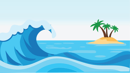 Ocean wave background. Abstract storm sea waves near island. Tropical surf, oceanic water and sky on poster. Decorative voyages flyer. Surfer beach with palm trees. Vector illustration. Aqua surface