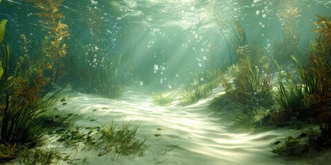 Obraz premium Underwater Scene With Sunlight Filtering Through Bubbles, Ideal for Marine Conservation and Oceanography Studies : Generative AI