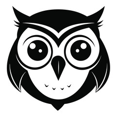 A bold monochrome owl face looks forward with its distinctive pointed ears and curious eyes