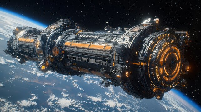 Long, cylindrical spaceship orbiting Earth