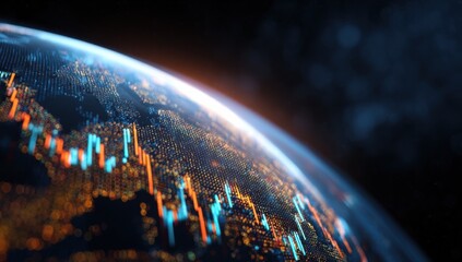 Glowing Earth Globe Overlayed With Stock Market Chart, Illustrating Global Finance and Investment Opportunities, Suitable for Financial Reporting : Generative AI