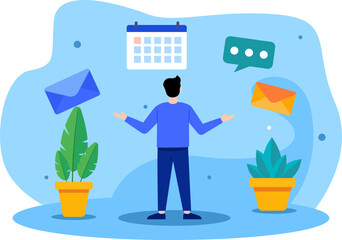 Flat Illustration of Man Managing Emails, Schedule, and Messages in Digital Workspace for Remote Work