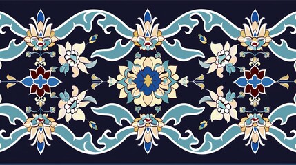 A decorative floral seamless border with a traditional Islamic design, which serves as a classic mosque decoration element. The intricate and beautiful floral patterns are arranged in a seamless way, 