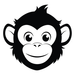 Black cartoon monkey face with big eyes smiles joyfully on a plain background