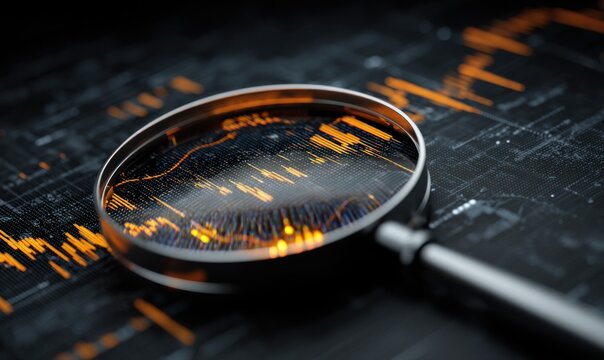 Magnifying Glass Over Financial Chart, Representing Data Analysis and Investment Research, for Business Intelligence and Strategic Foresight : Generative AI