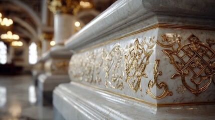 Ultra-detailed close-up of a marble column base with gold-plated baroque carvings and gilded lattice motifs in a royal palace interior
