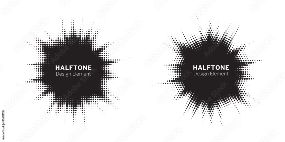 Aufkleber Halftone circle frame background set. Round border Icon using halftone random circle. Grunge circular stain. Vector illustration.