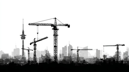 black silhouette of tower cranes over white skyline background