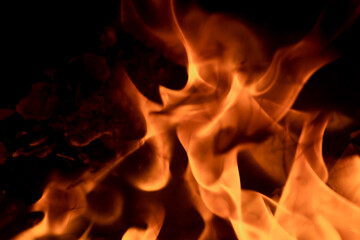 Close-up image of bright orange flames against a backdrop of black ash and burnt debris. A strong...